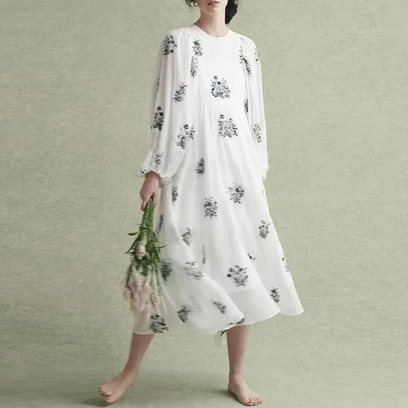 Johnature 2022 Summer New Japanese Linen Embroidery Floral Women Dresses Vintage Loose Tie O-neck Female Dress