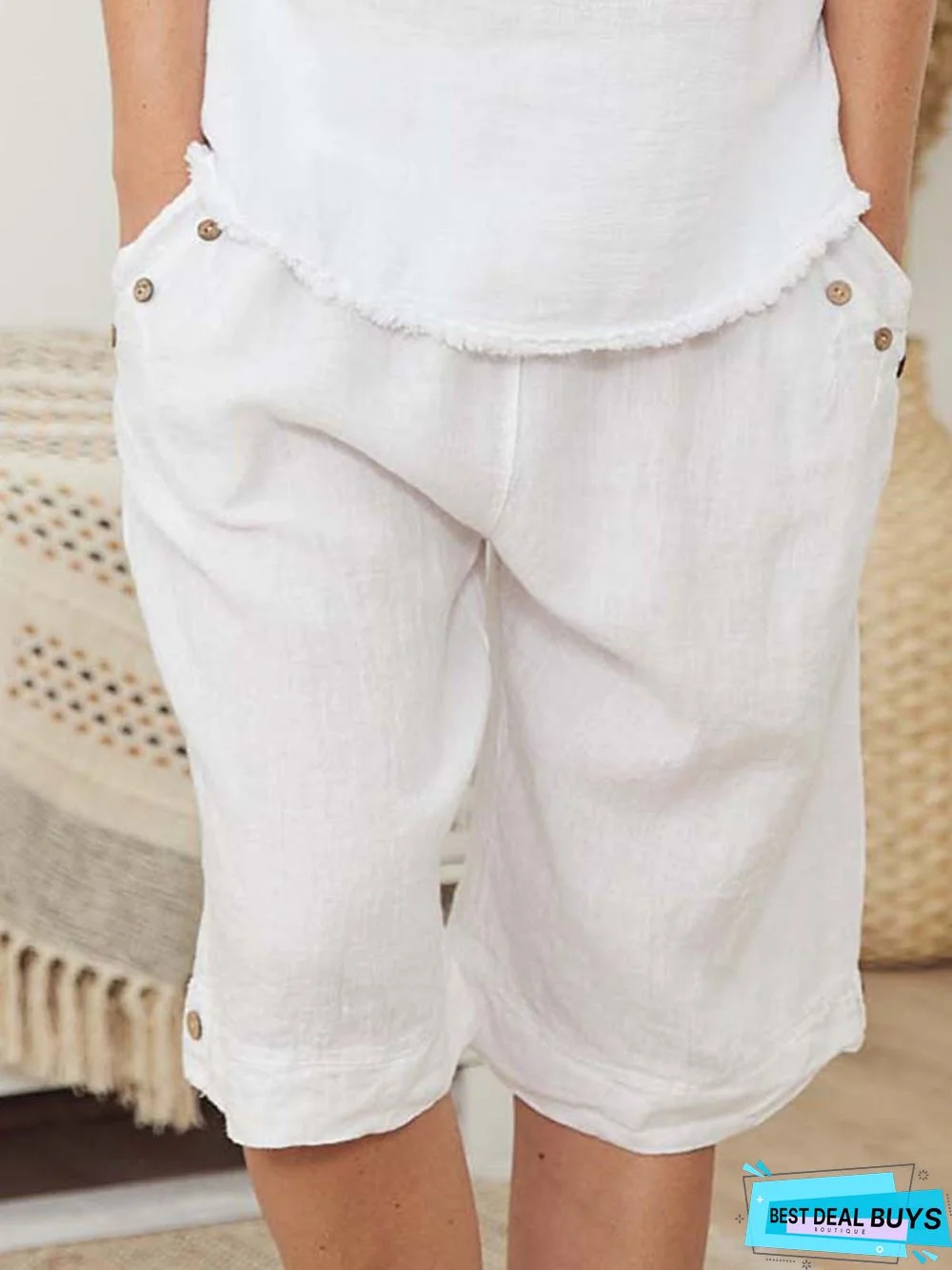 Solid Pockets Shorts Women Buttoned Shorts