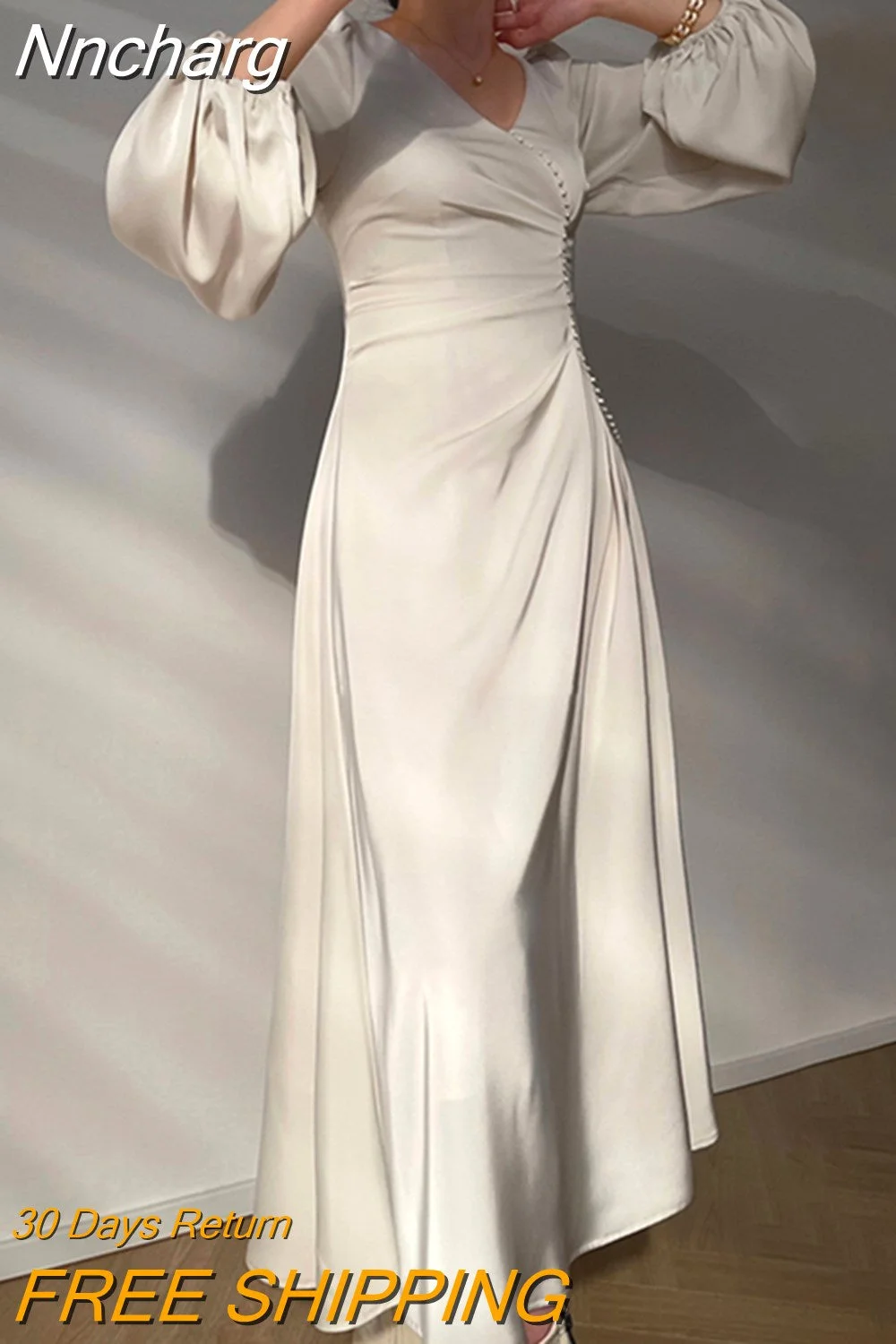 Nncharge Elegant Dress For Women V Neck Lantern Sleeve High Waist Solid Ruched Minimalist Midi Dresses Female Clothing Style