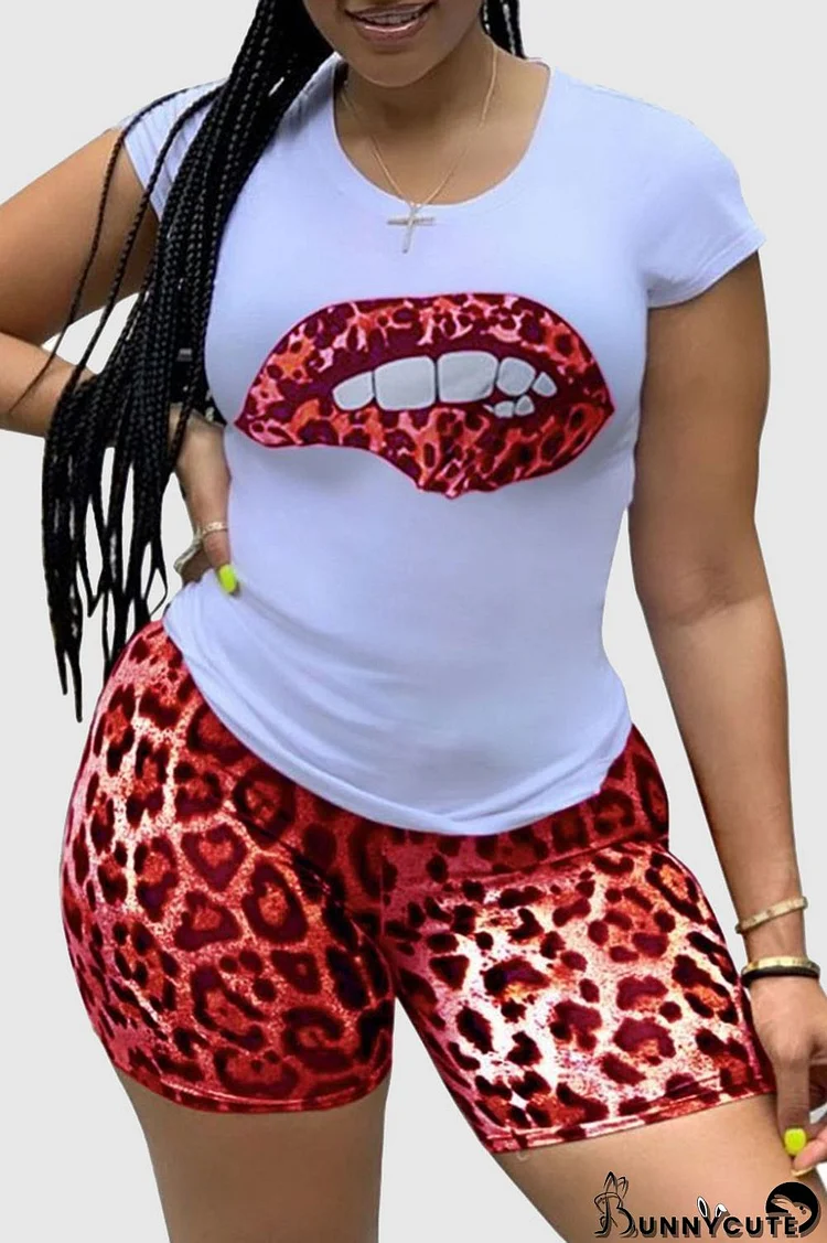 Red Fashion Casual Leopard Lips Printed Basic O Neck Plus Size Two Pieces