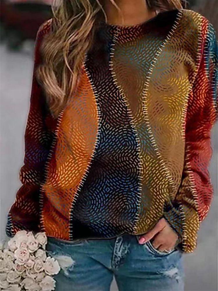 Women Long Sleeve Scoop Neck Printed Gradient Top