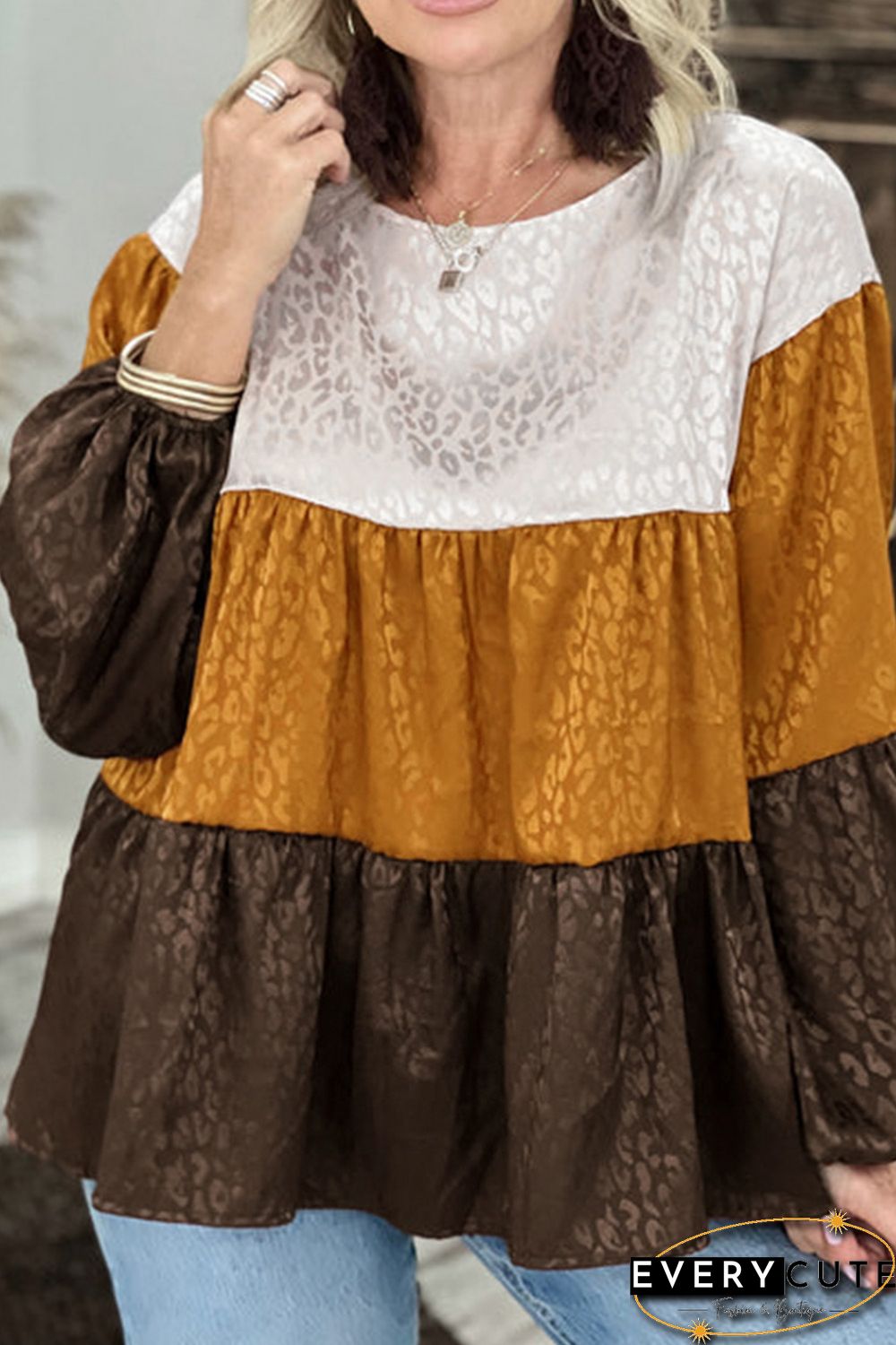 Leopard Color Block Balloon Sleeve Blouse