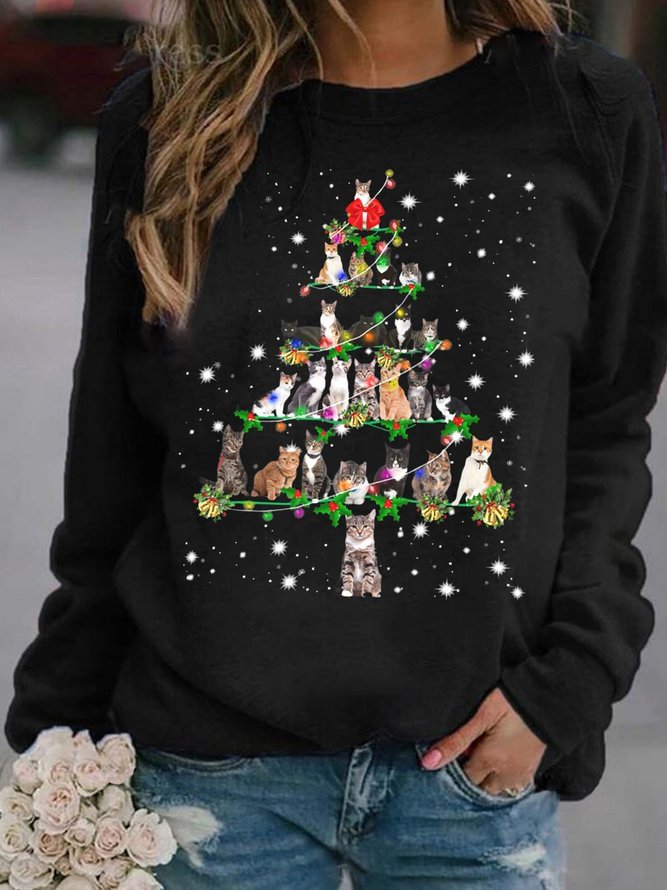 Funny Cats Christmas Tree Casual Sweatshirts Long sleeve Top