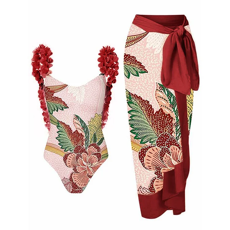 Flaxmaker Appliques Printed One Piece Swimsuit and Sarong