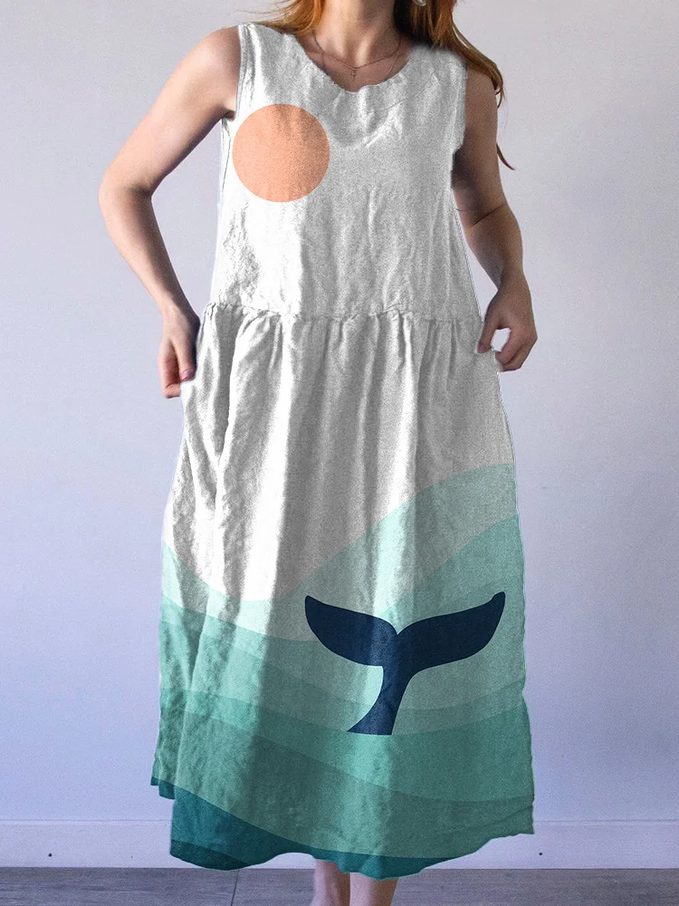 Whale And Ocean Waves Print Linen Blend Sleeveless Dress