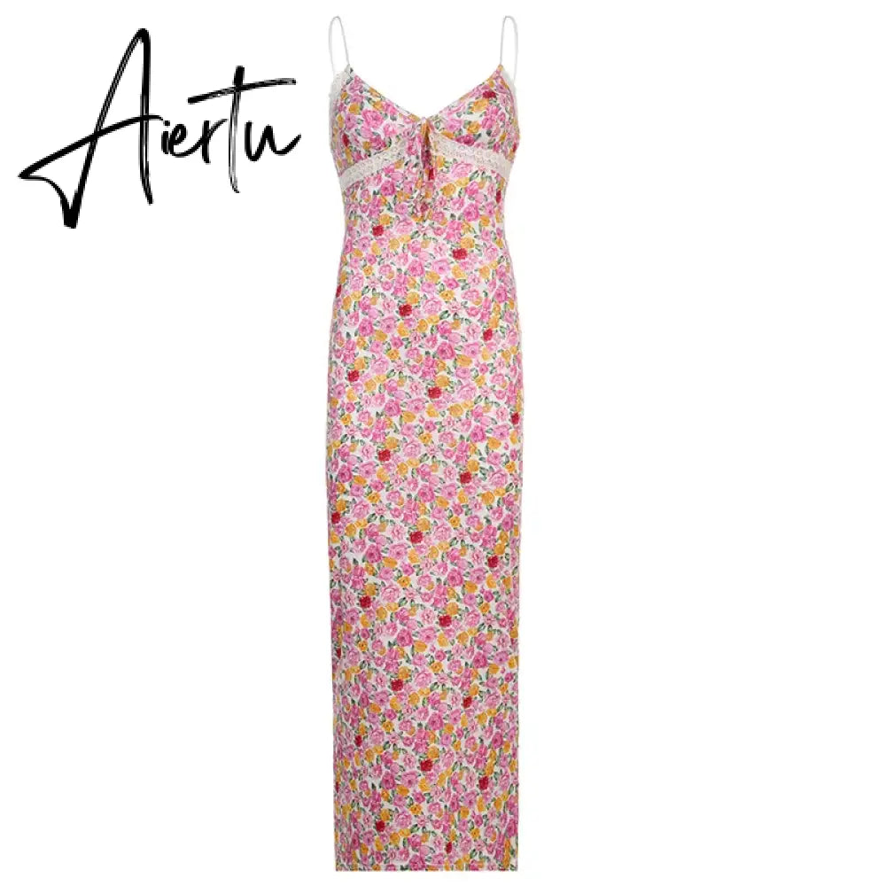 Aiertu Y2K Floral Print Lace Trim Spaghetti Strap Long Dress Elegant Bodycon Tank Dress Sleeveless Maxi Dress Summer Streetwear Aiertu
