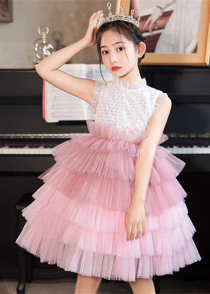 Fashion Pink Stand Collar Dot Patchwork Tulle Girls Dress Sleeveless