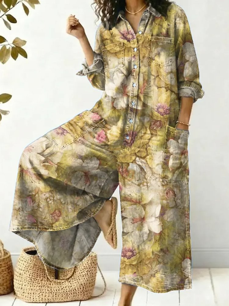 Women's Vintage Floral Pattern Art Print Casual Cotton Jumpsuit