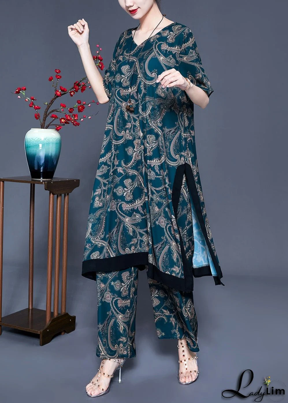 Fine Blackish Green V Neck Patchwork Print Silk Two Pieces Set Summer