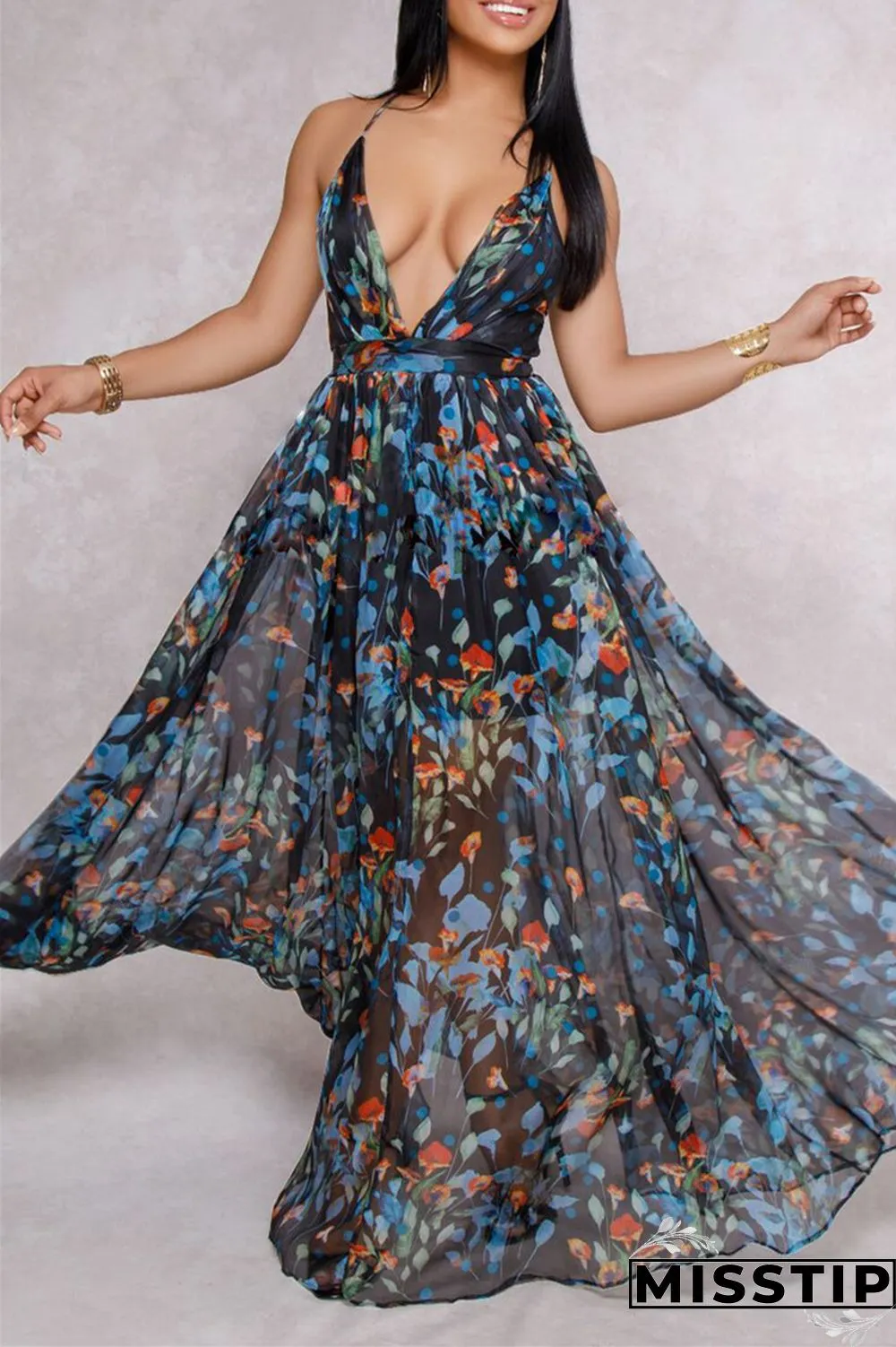 Pink Fashion Casual Print Backless V Neck Sling Dress