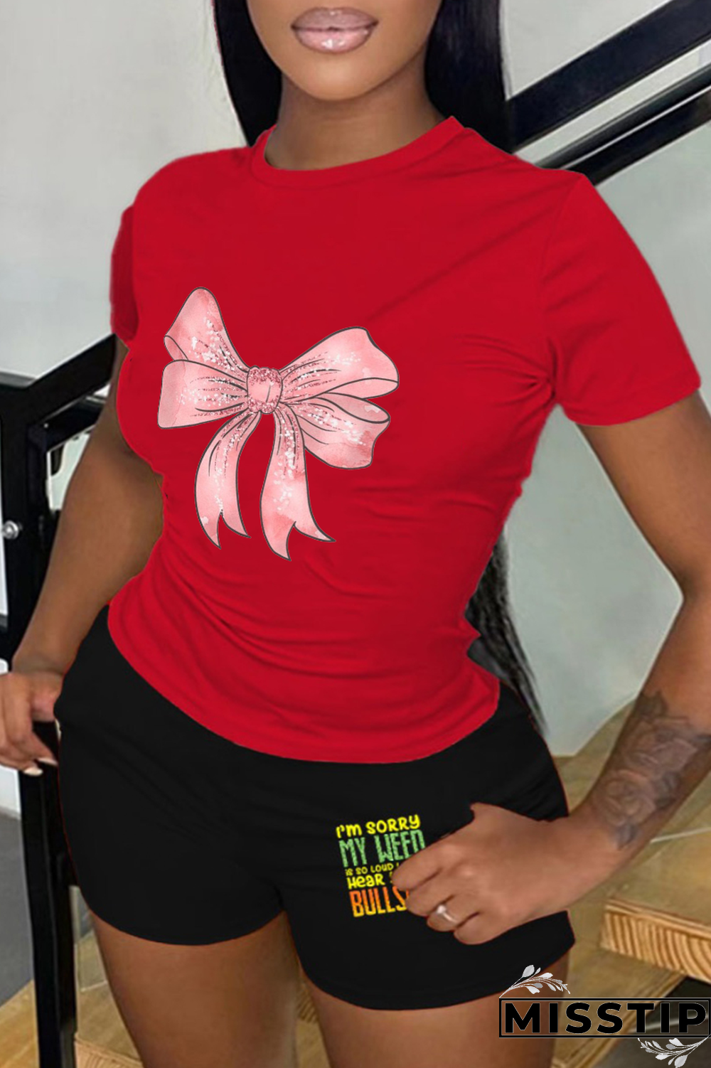 Red Street Cute Print Patchwork O Neck T-Shirts