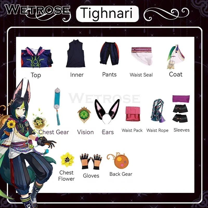 [Wetrose] Tighnari SSR Cosplay Costume Genshin Impact Sumeru Fox Тигнари Tainari Tinari Full Set Wig Ear Tail Halloween