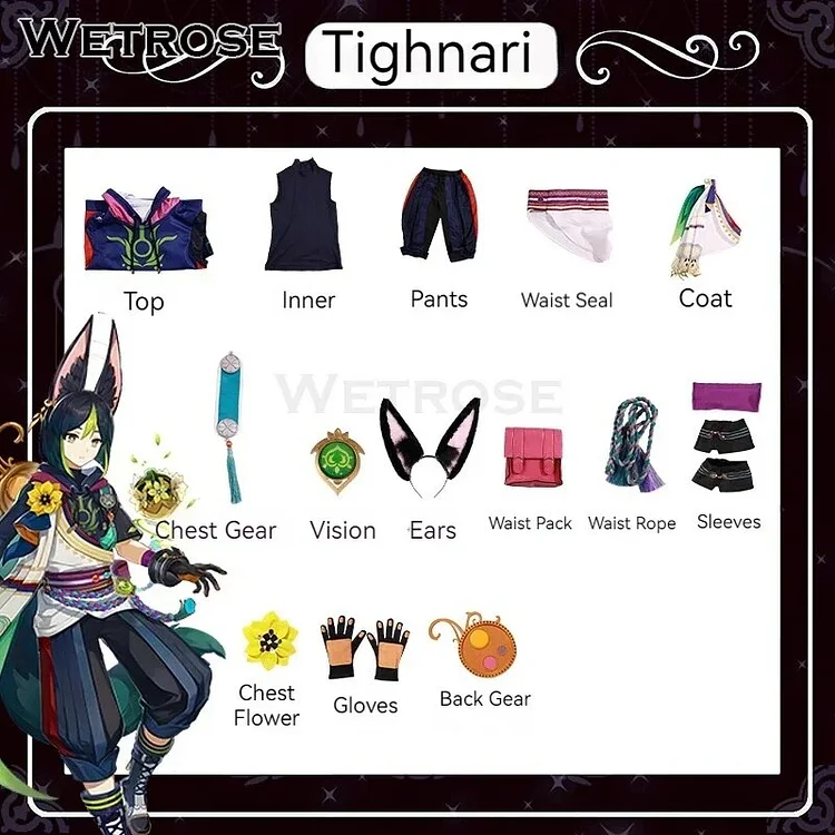 【Wetrose】Tighnari SSR Cosplay Costume Genshin Impact Sumeru Fox Тигнари Tainari Tinari Full Set Wig Ear Tail Halloween