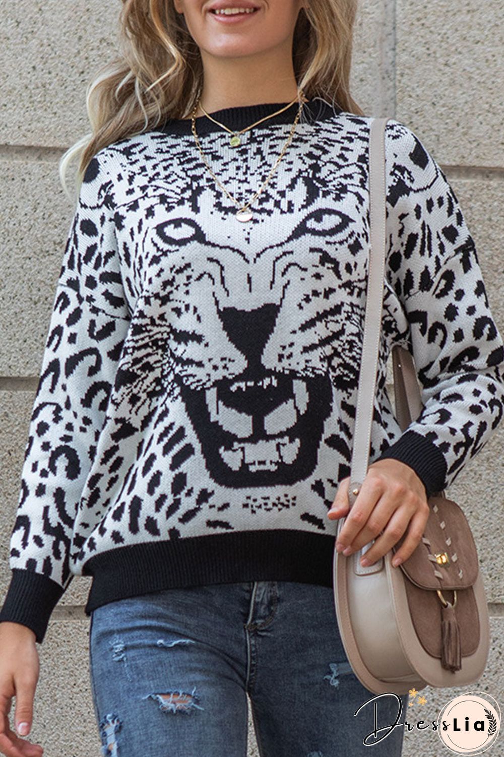 Fashion Casual Leopard Split Joint O Neck Tops