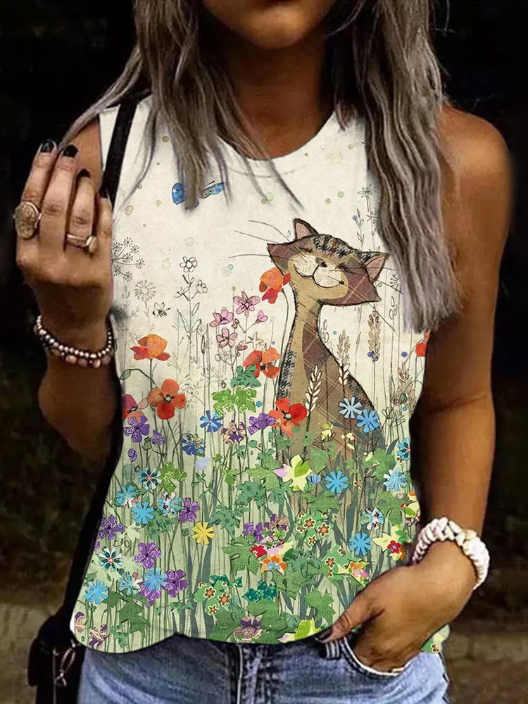 Cat And Butterfly In Meadow Round Neck Tank Top