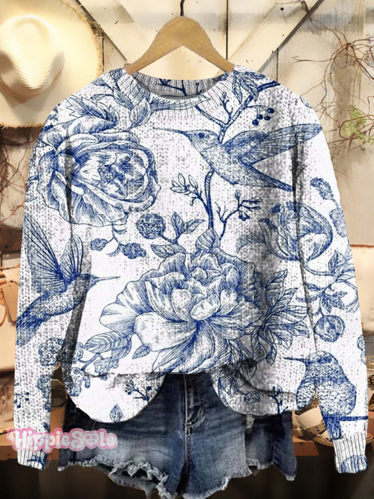 Vintage Flowers Print Knit Pullover Sweater Multicolor / S