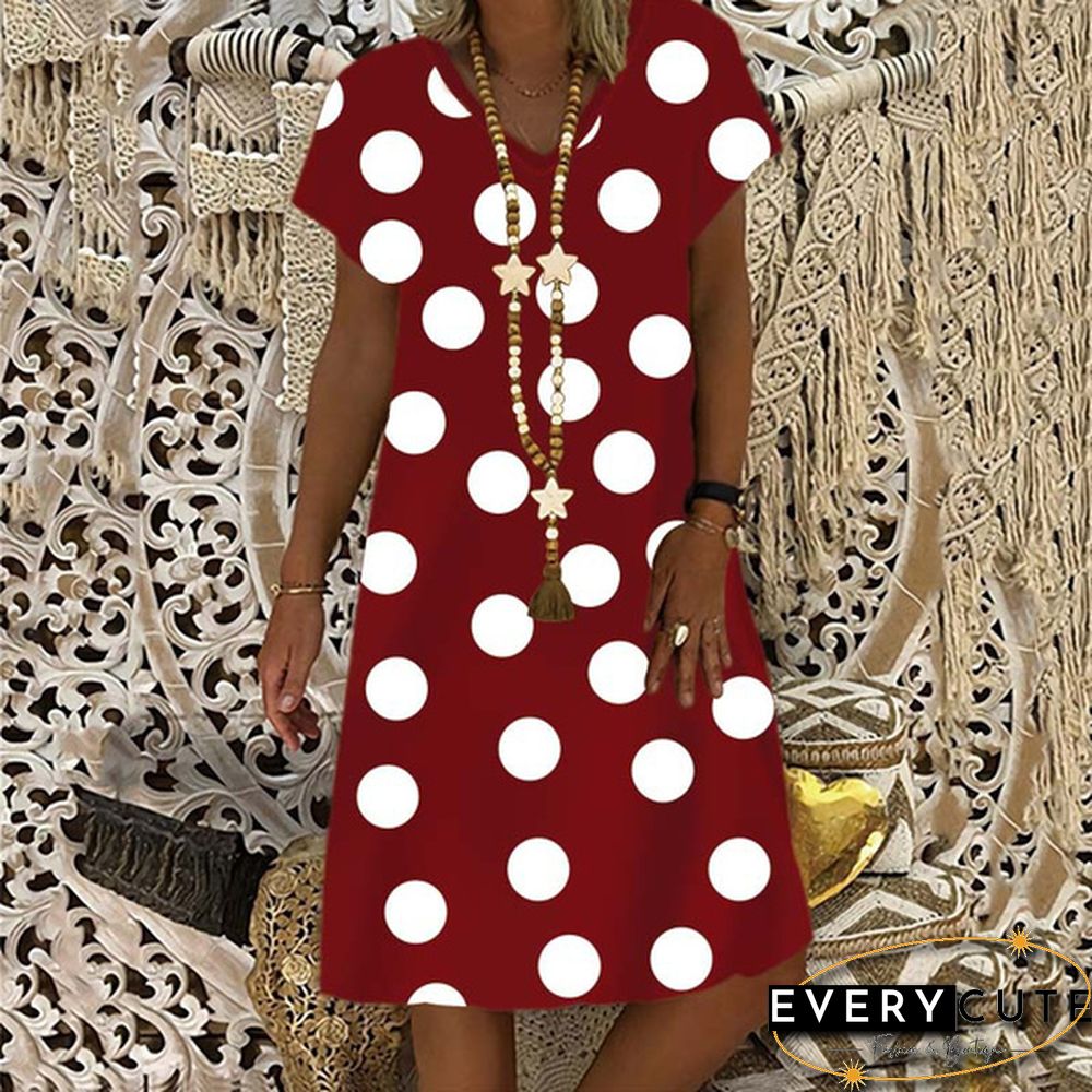 Women's Dress Summer New Fashion Women's V-neck Dots Printed Casual Short Sleeve Dress Loose Soft and Comfortable Plus Size Dress S-5XL