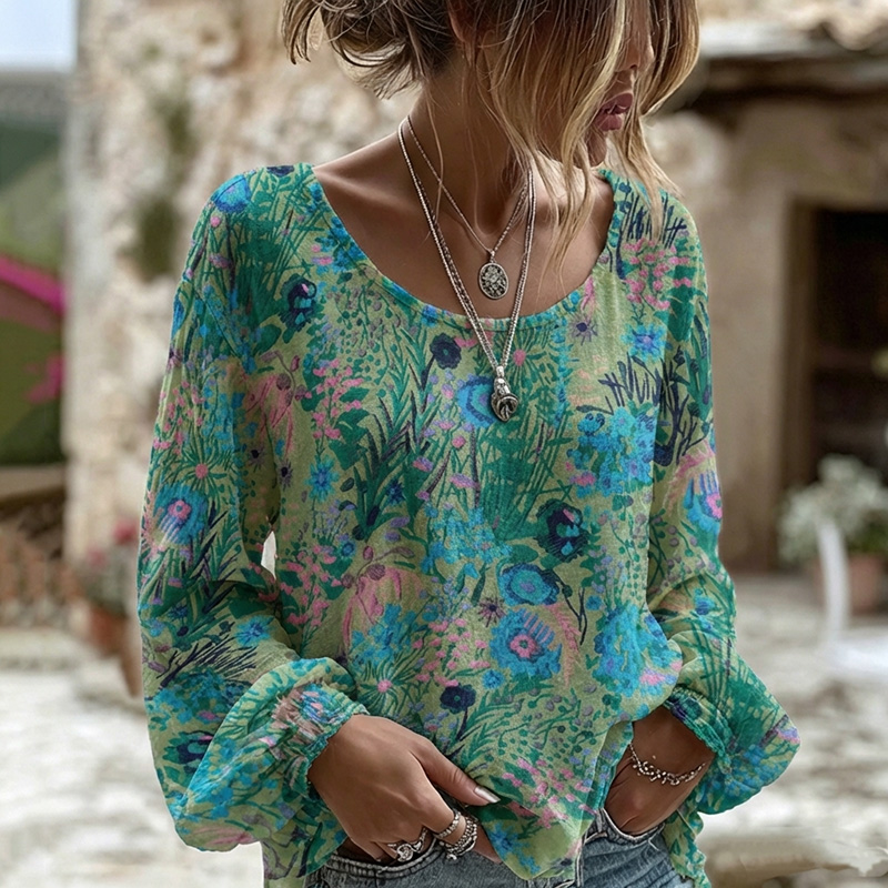 Comstylish Women's Bohemian Floral Print Long Sleeve Linen Blend T-shirt