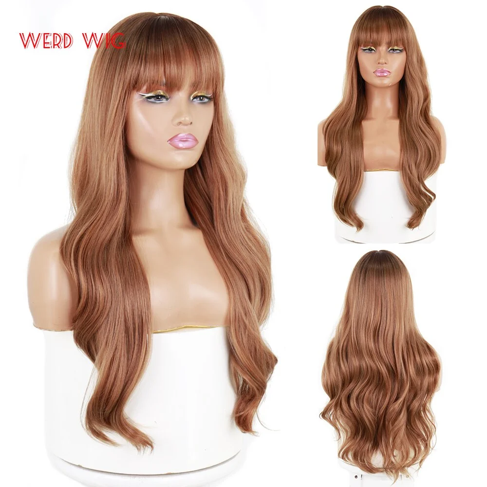 Xpoko Brown Long Synthetic Wig Women Natural Wave Wig With Bangs Heat Resistant Cosplay Hair
