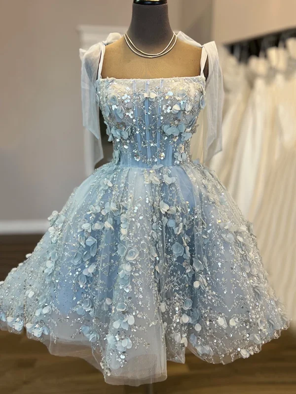 Shiny Sequinned flower mesh Sleeveless Spaghetti-Neck Evening mini Dresses