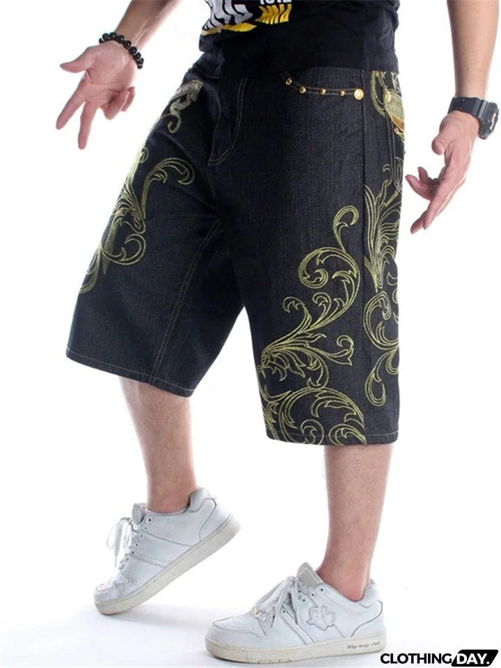 Trendy Street Style Loose Embroidered Comfy Cropped Pants For Men