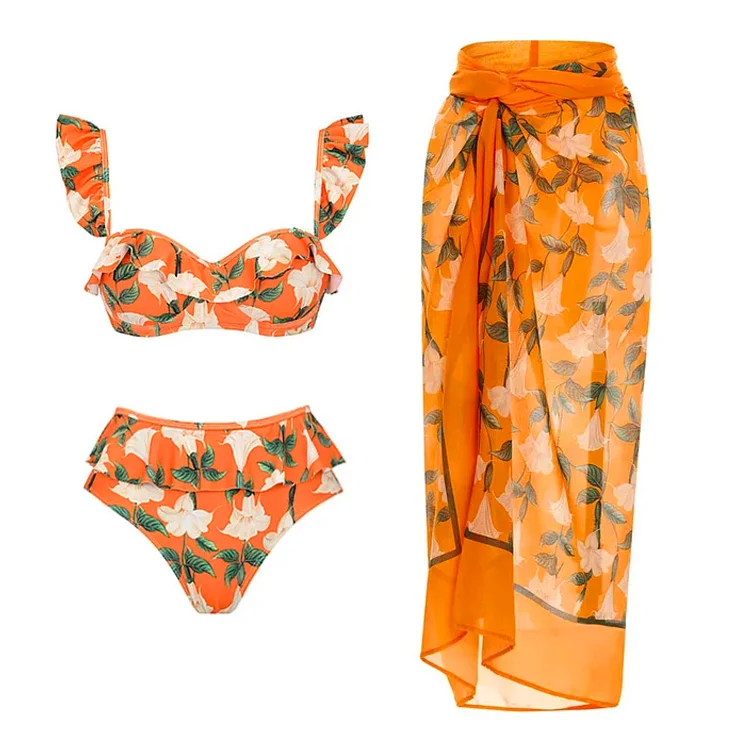 Morisly Orange Mini Ruffle Floral Print Bikini Swimsuit and Sarong