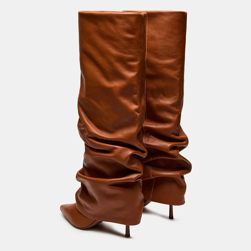 Tan Pointed Toe Stiletto Heel Fold Over Slouch Boots for Women