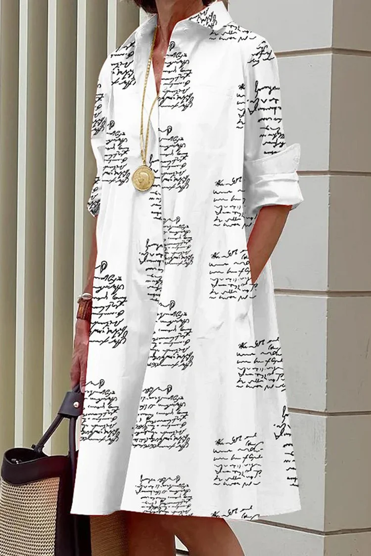 Turndown Collar Long Sleeve Letter Print Casual Midi Shirt Dresses