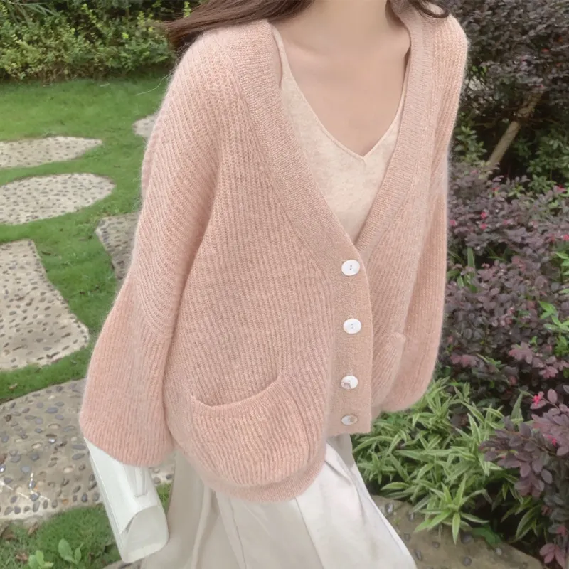Churchf Churchf And Autumn Soft Soft Waxy Cardigan Female Loose Lazy Wind Fall Shoulder Sweater Coat V Collar Pocket Outside The Sweater Woman