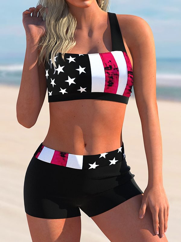American Flag Print Bowknot Back Bikini Set