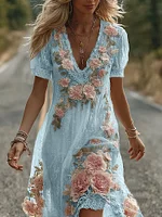 Women's Vintage Floral Embroidery V Neck Casual Midi Dress - Image 5