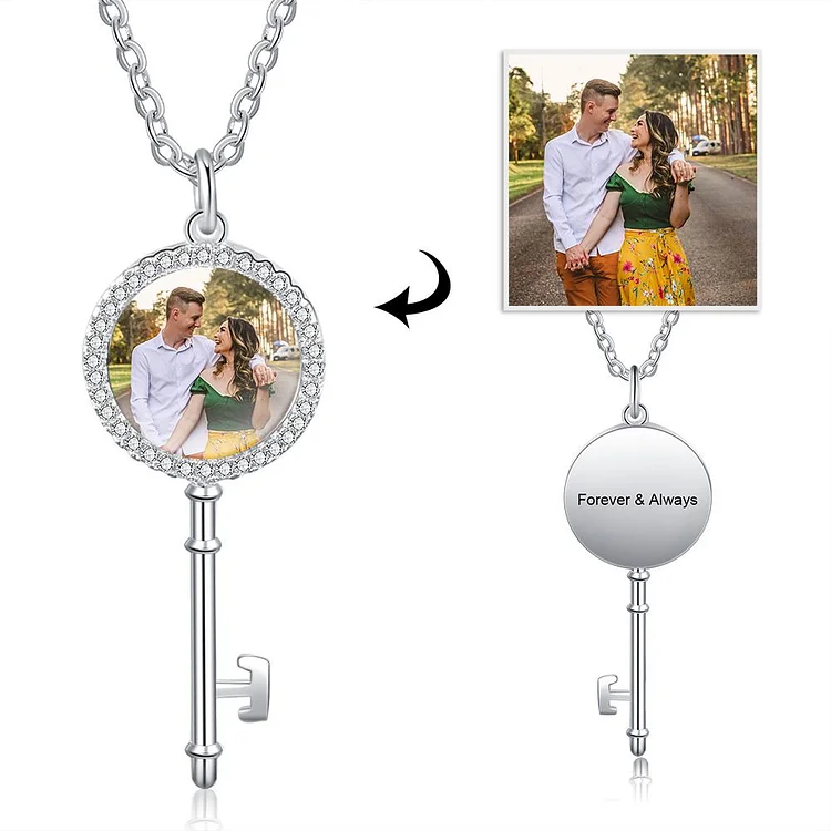 Key Picture Necklace With Engraving Personalized Gift For Her, Custom Necklace with Picture and Text
