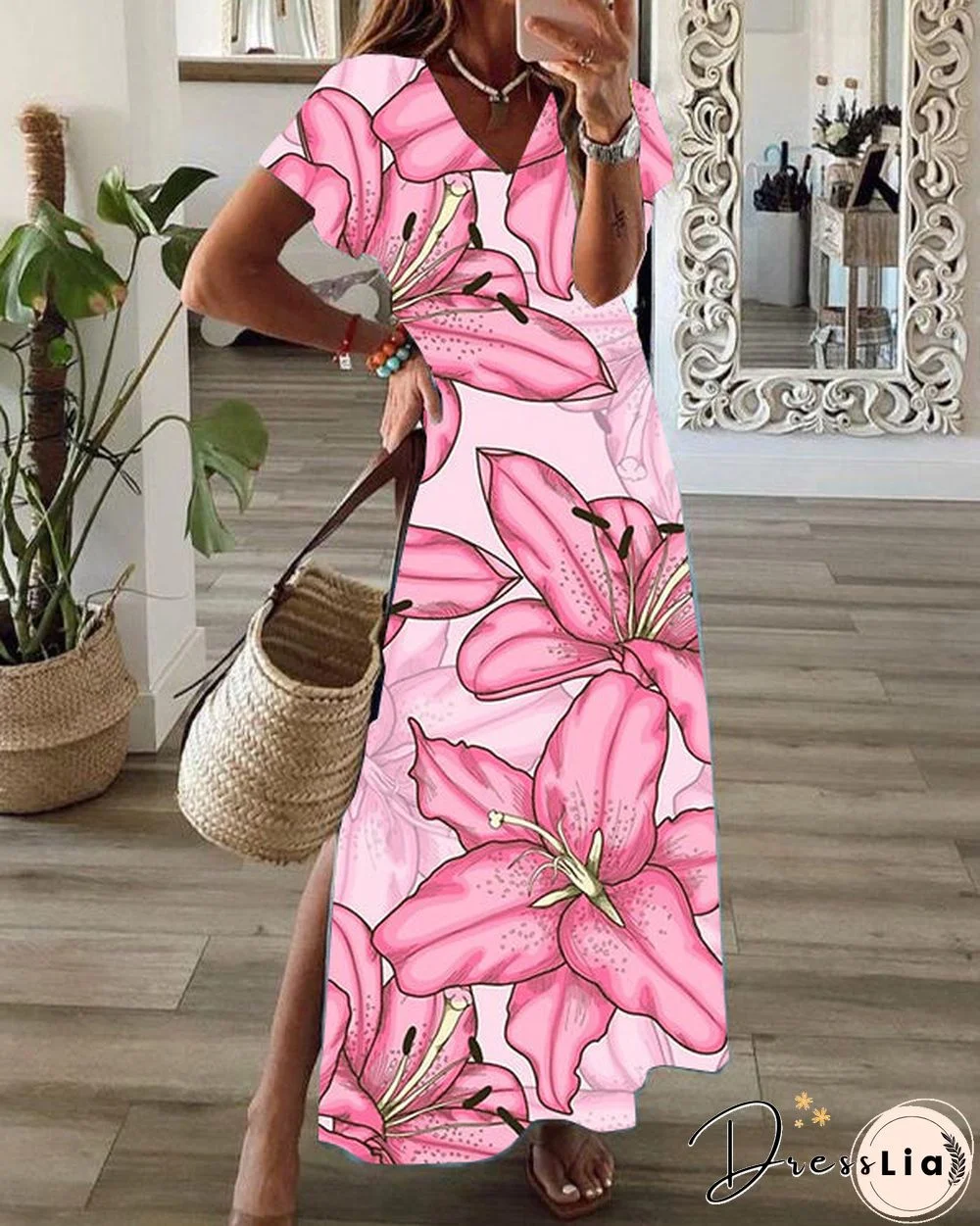 Casual Floral Print V-Neck Short Sleeve Hem Slit Maxi Dress