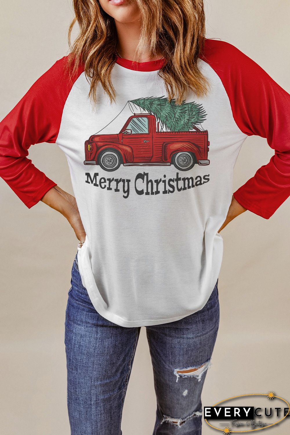 Red Merry Christmas Truck Graphic Print Color Block Top