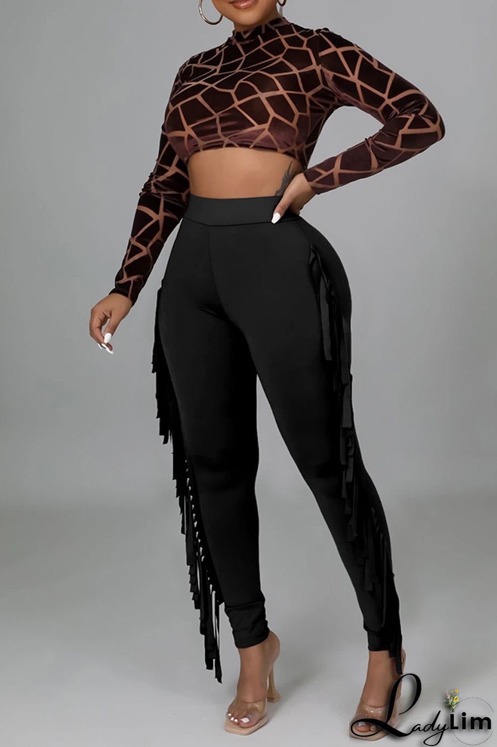 Black Fashion Casual Solid Tassel Regular High Waist Pencil Trousers