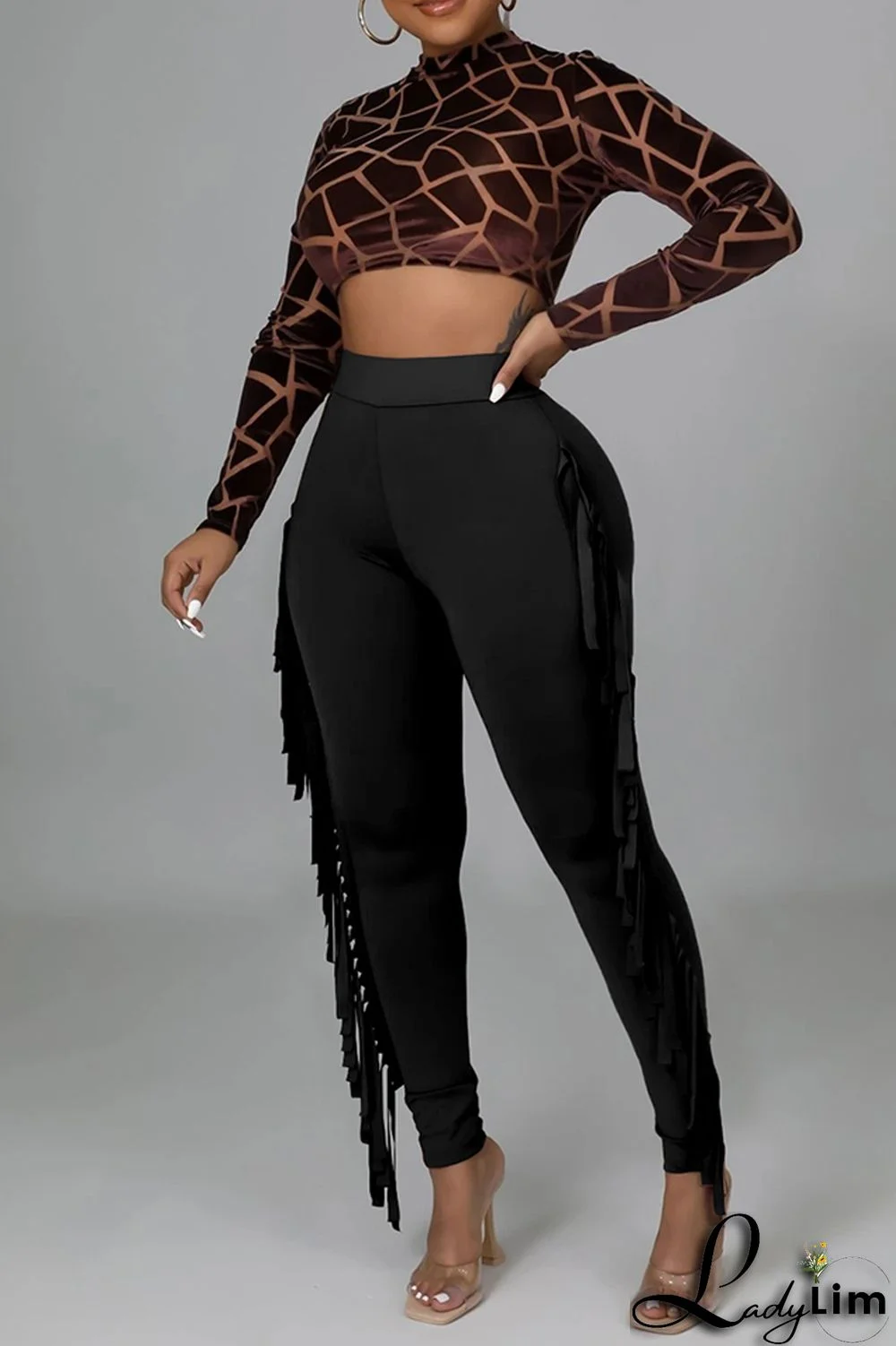 Black Fashion Casual Solid Tassel Regular High Waist Pencil Trousers