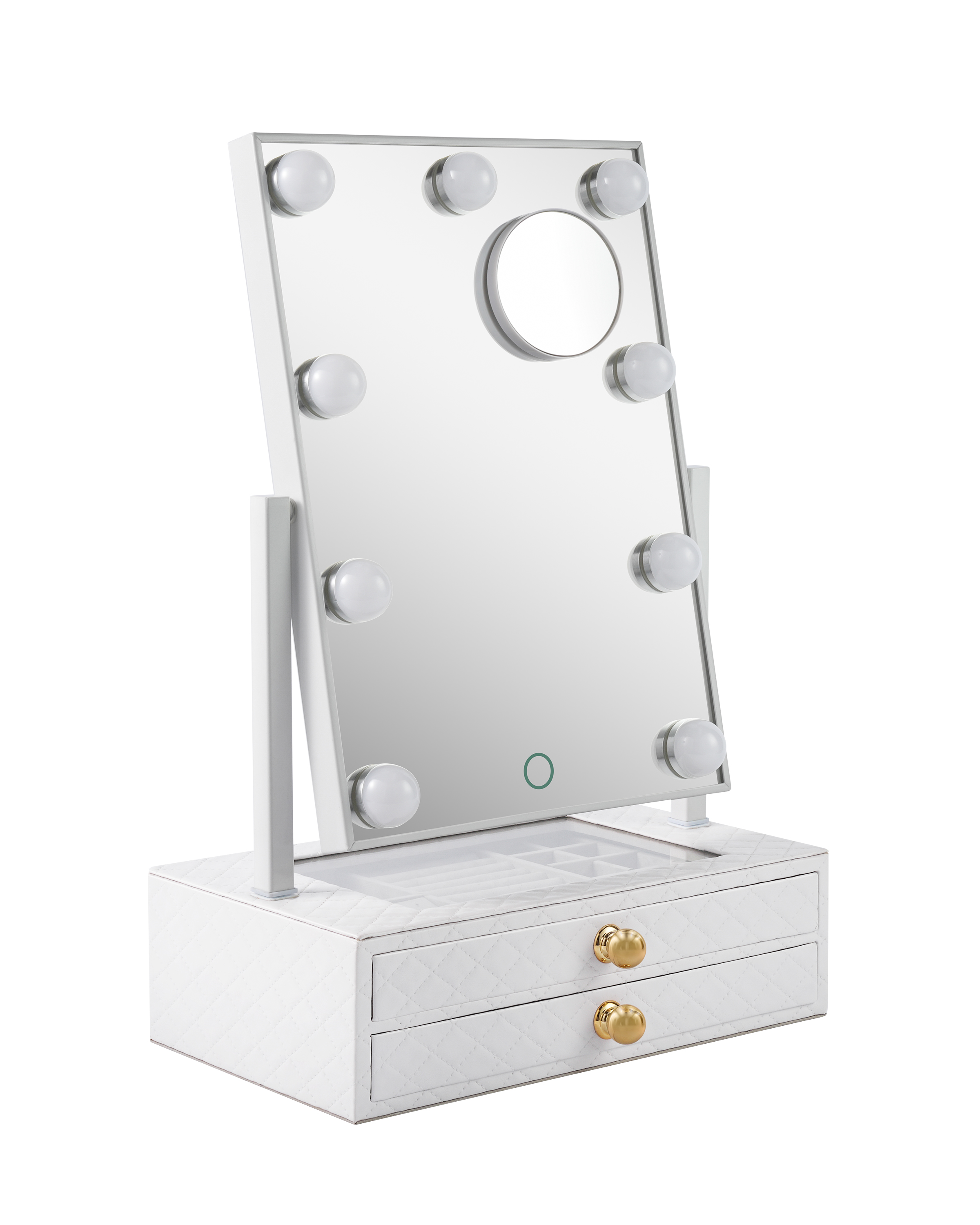 Star Vision 2-in-1 Large Lighted Hollywood Mirror & Jewelry Organizer, 3 Color Tones & Dimmable Light, 2-Layer Drawers, PU Surface with Stitching, Includes a 10X Magnification Mirror, White