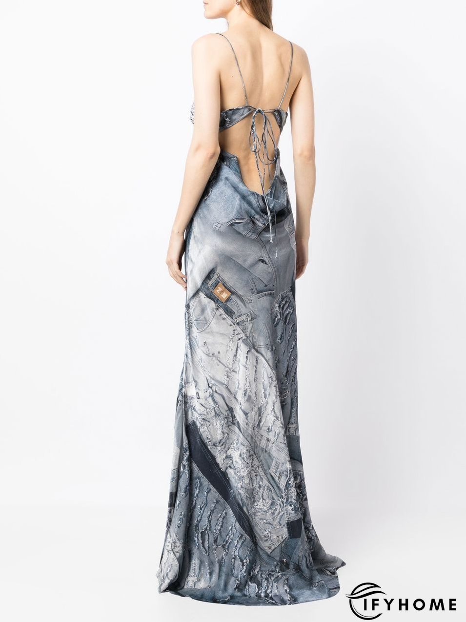 Sexy Ladies Denim Print Pin Embellished Backless Slip Maxi Dress | IFYHOME