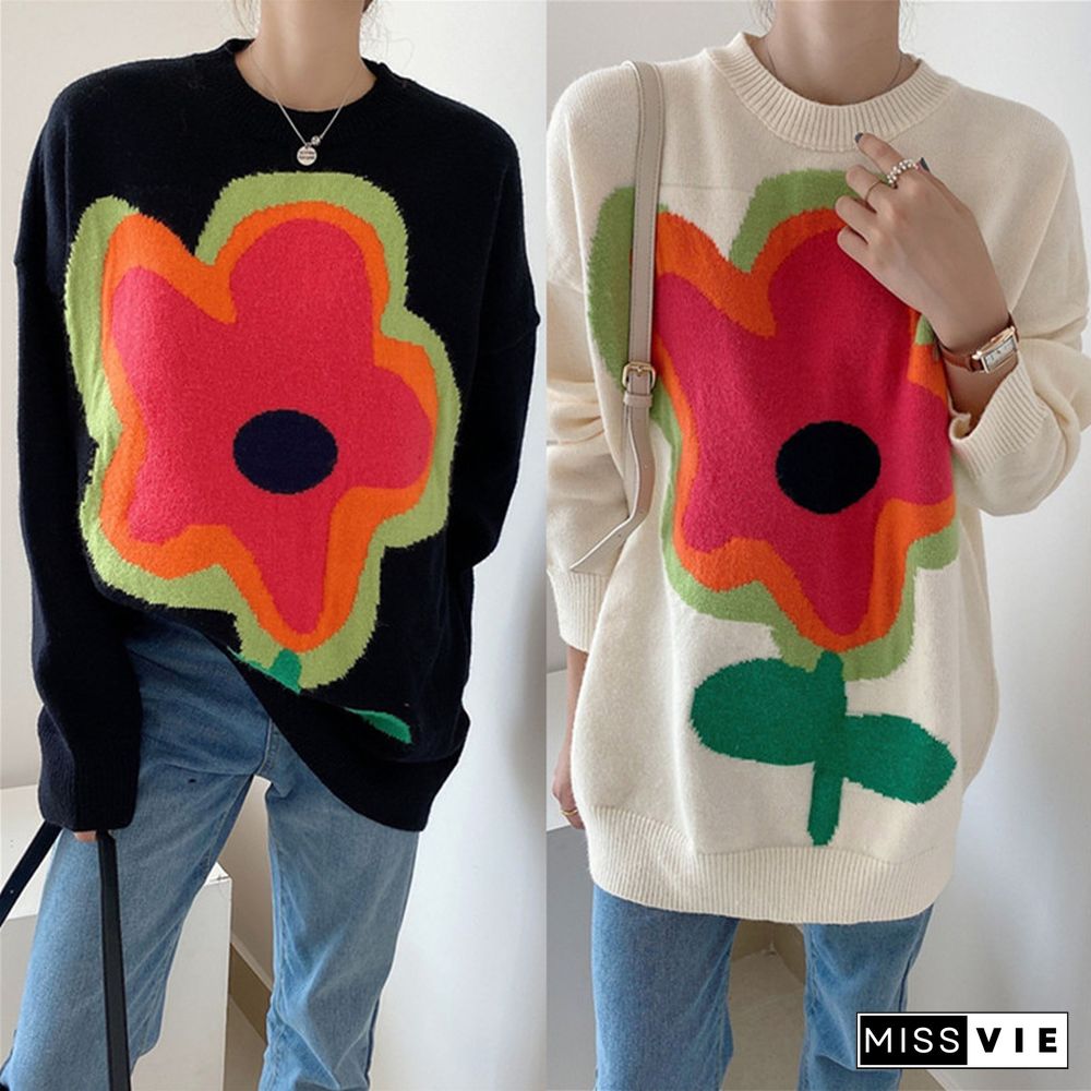 Womens sweaters Winter long sleeve flower sweater Oversized pullover tops Casual