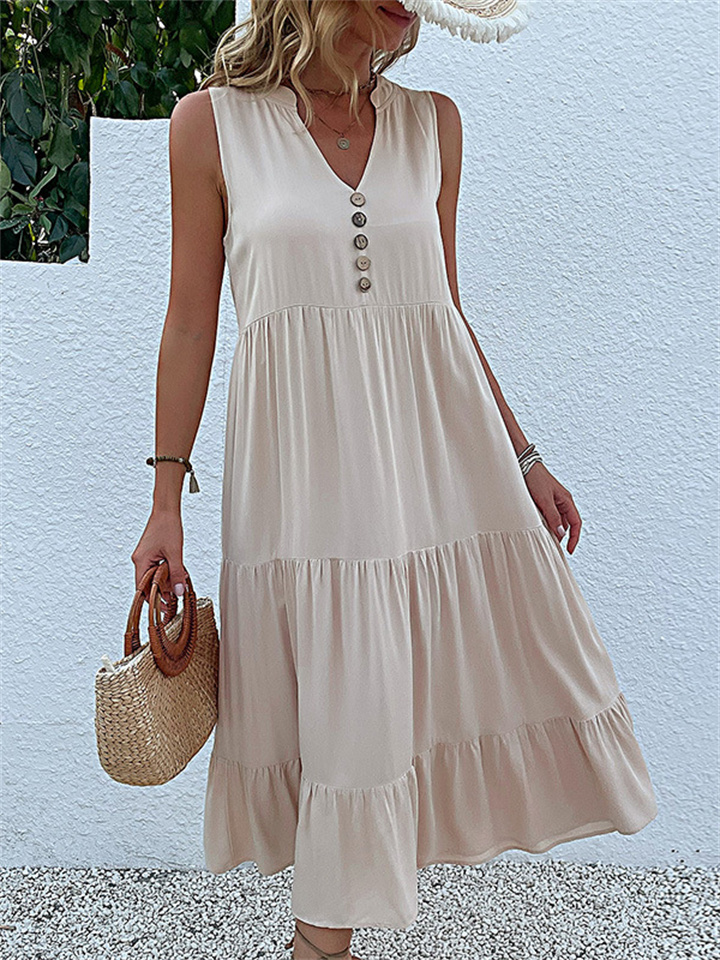 Women's Summer Vest Dress Sleeveless Loose Casual Solid Colour Dress V Neck A-line Dress