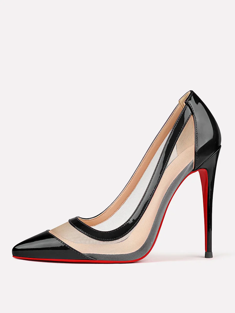 100mm/120mm Women's Mesh Pointed Toe Patent Pumps Red Bottom High Heels