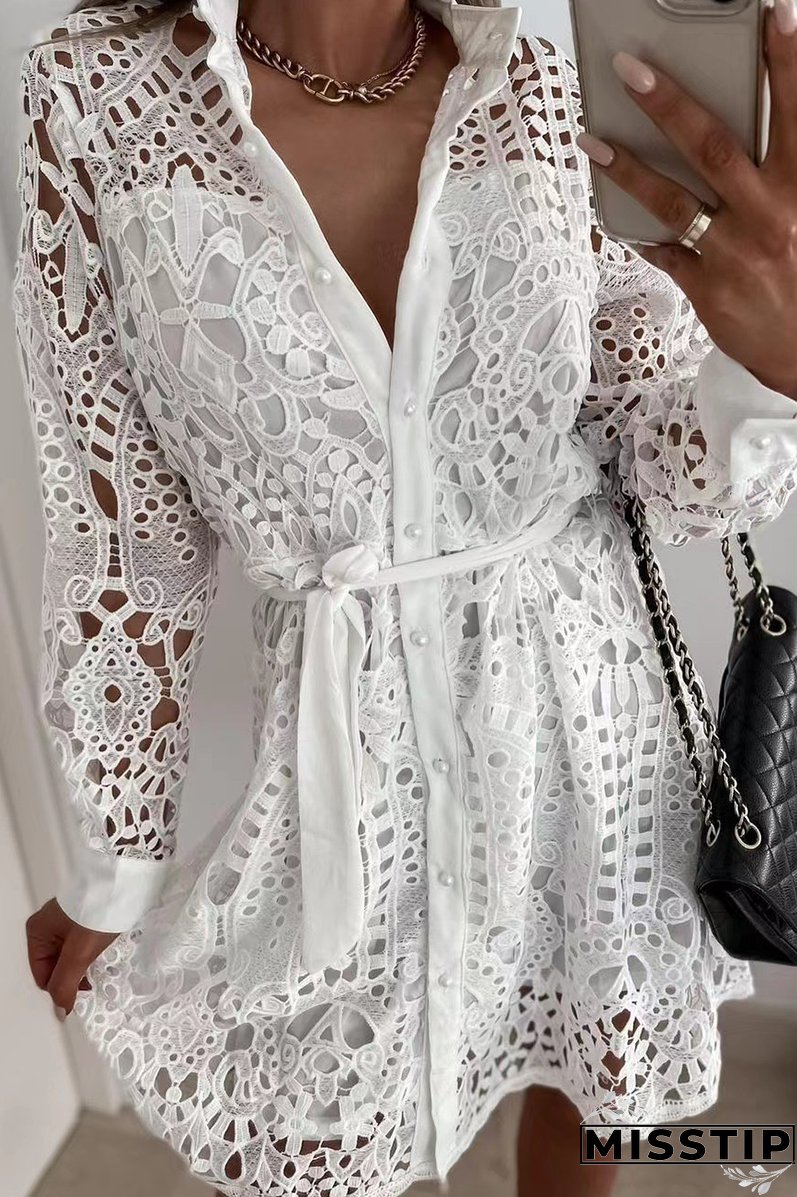 Casual Solid Lace Turndown Collar Waist Skirt Dresses(3 Colors)