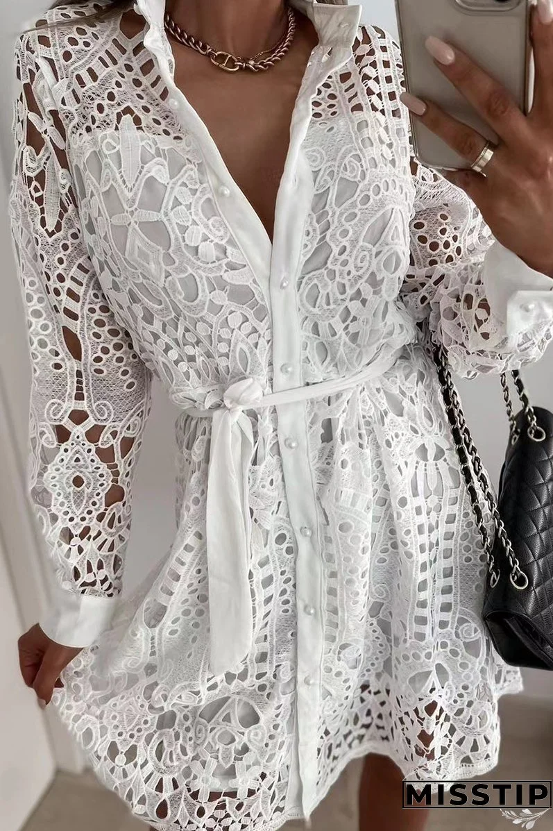 Casual Solid Lace Turndown Collar Waist Skirt Dresses(3 Colors)