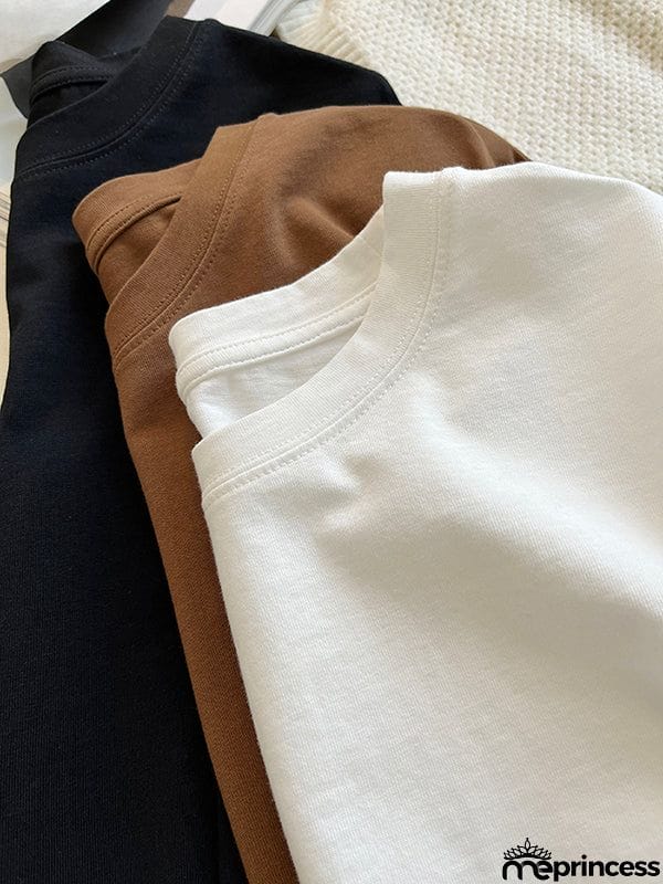 Long Sleeves Loose Solid Color Round-Neck T-Shirts Tops