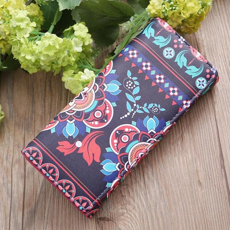 Fashion Multifunctional Women Wallet Color Printing Long Mobile Phone Bag Multi-layer Women Big Flower Color Matching Coin Purse
