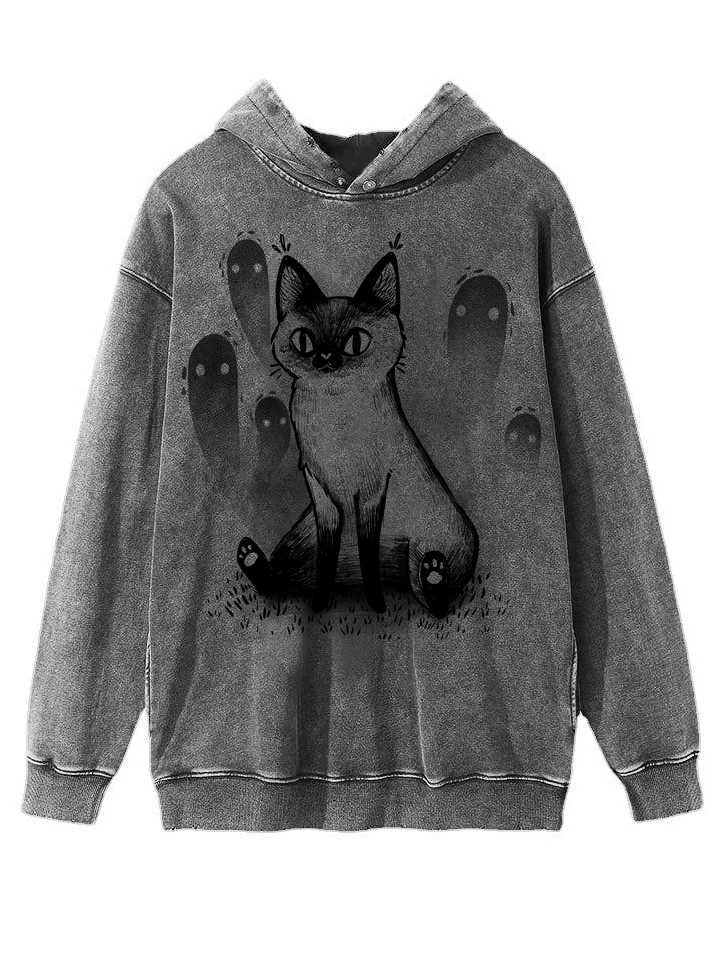 Men's Halloween Black Cat Spooky Ghost Print Pullover Hoodie