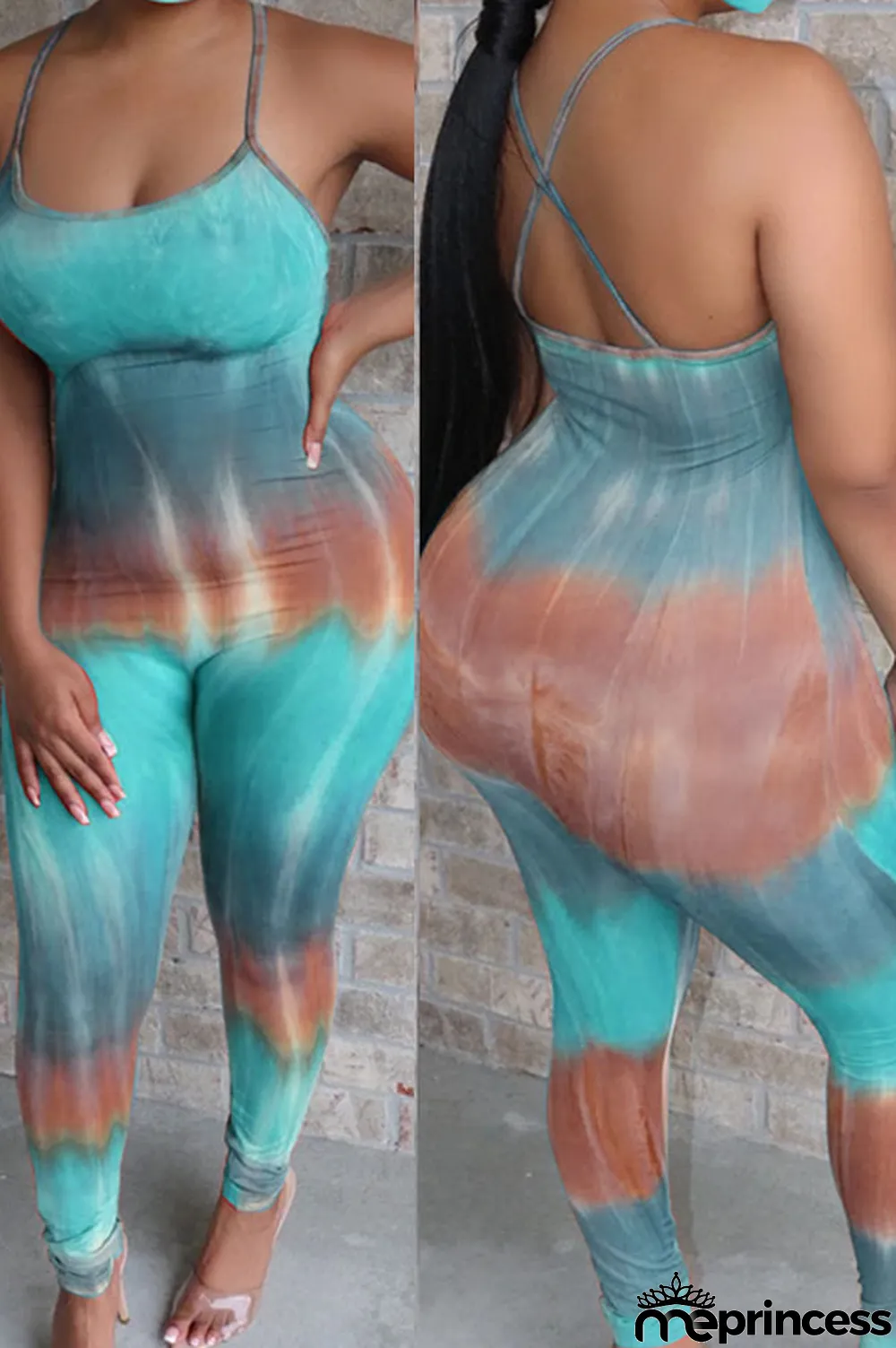 Blue Fashion Sexy Tie-dyed Sleeveless Slip Jumpsuits