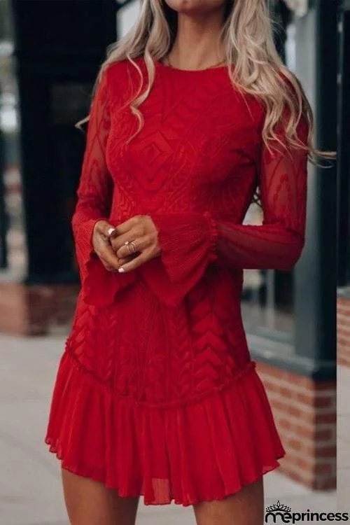 Lace Pleated Long Sleeve Ruffle Dress