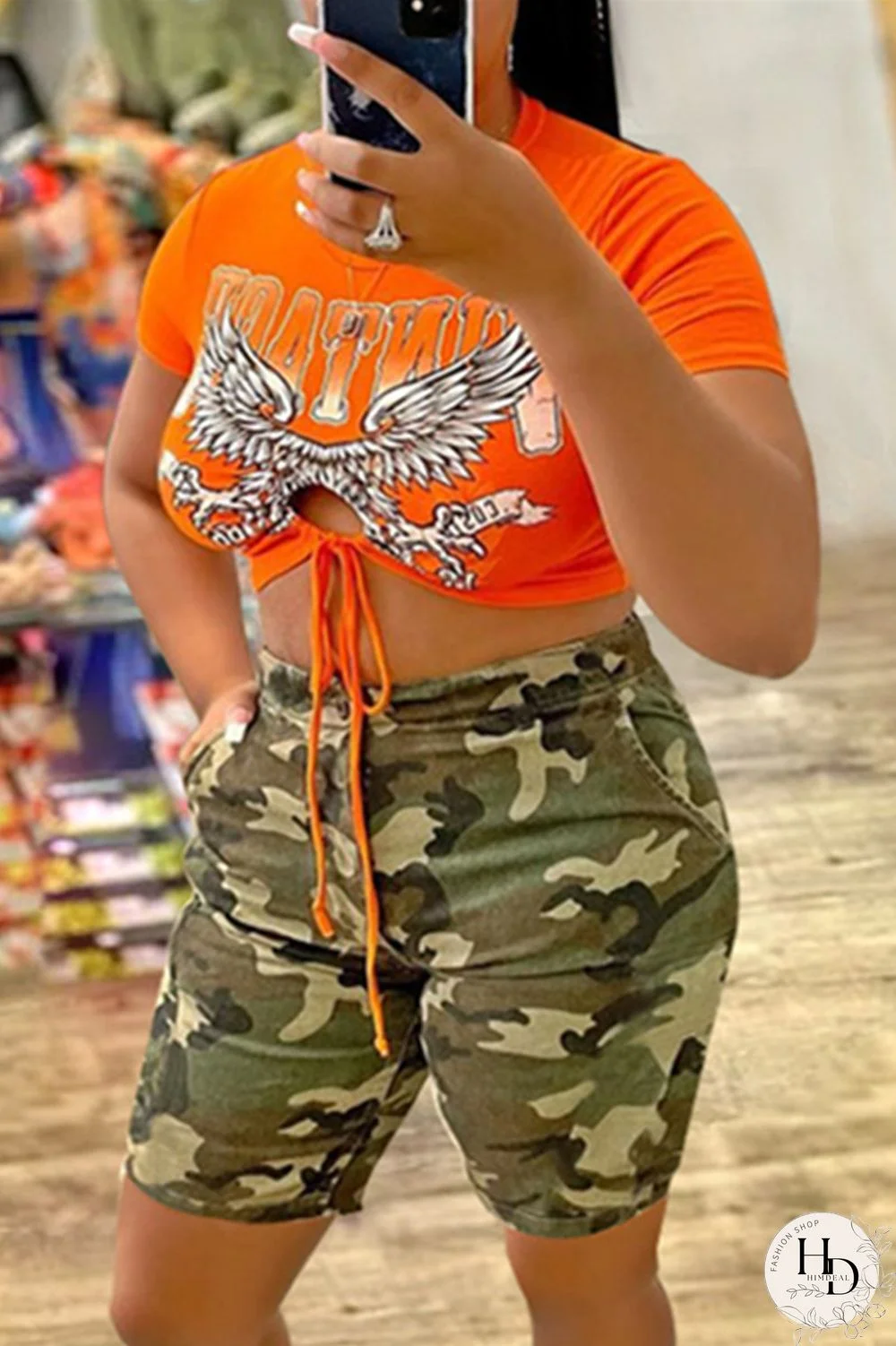 Orange Fashion Casual Camouflage Print Bandage Hollowed Out O Neck Short Sleeve Two Pieces