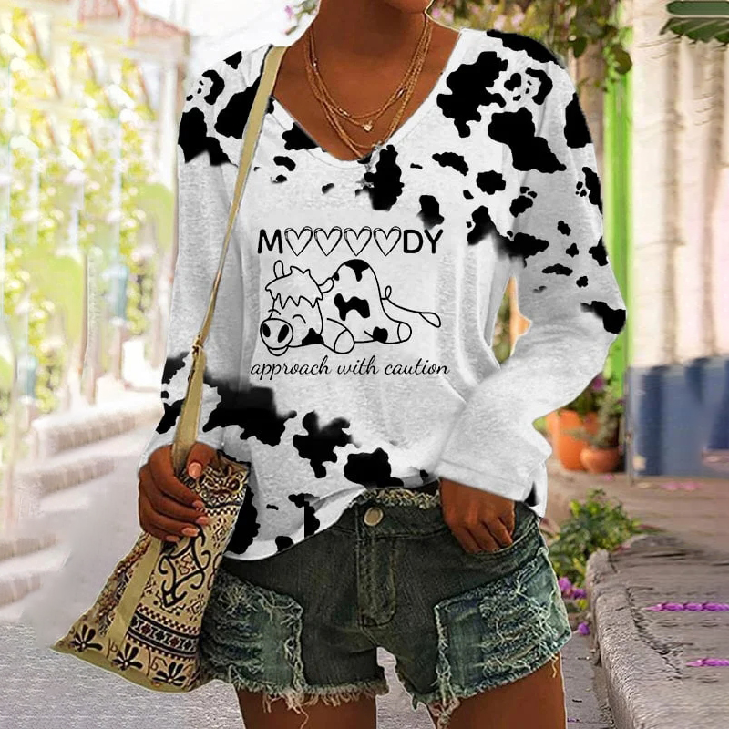 Feeling Moody Cow Printed V-neck Long Sleeved T-shirt wearshes